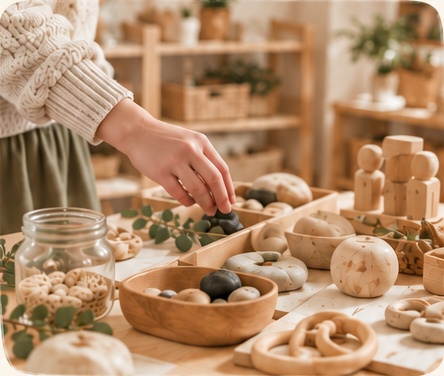 Hands exploring natural loose parts and wooden classroom materials