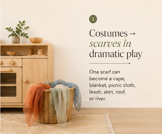 Costumes → scarves in dramatic play. One scarf can become a cape, blanket, picnic cloth, leash, skirt, roof, or river.